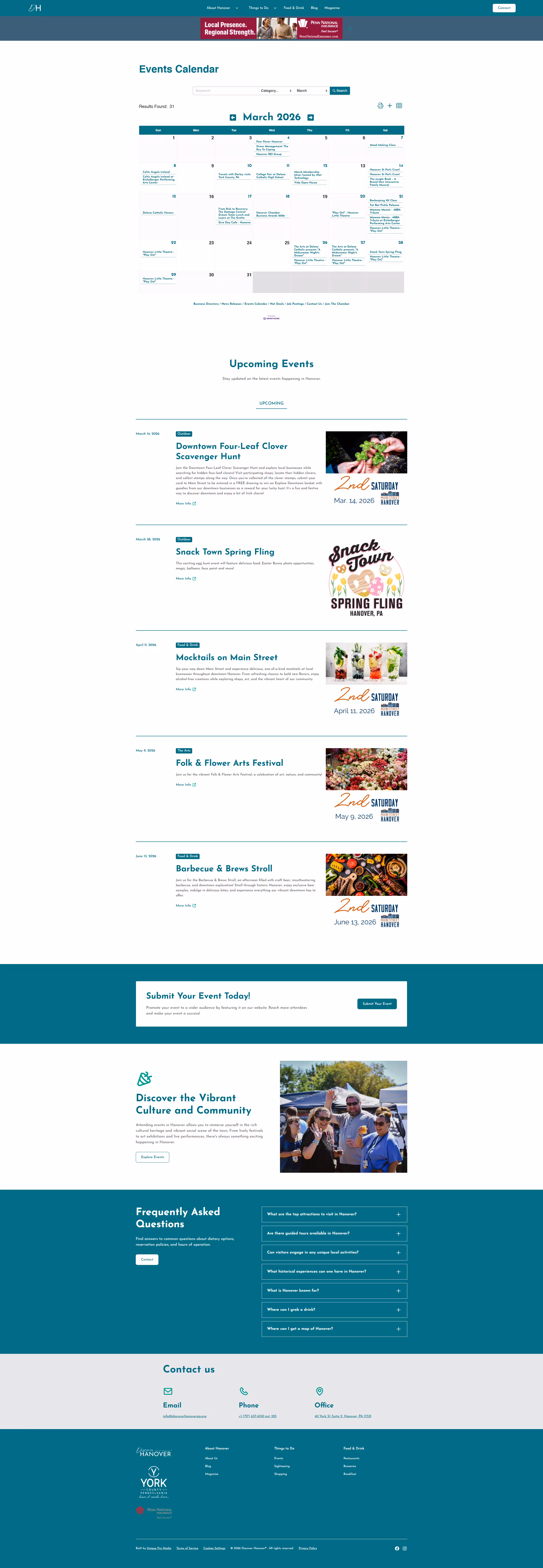 A screenshot of Discover Hanover's events calendar page that shows off the third-party integration with ChamberMaster software