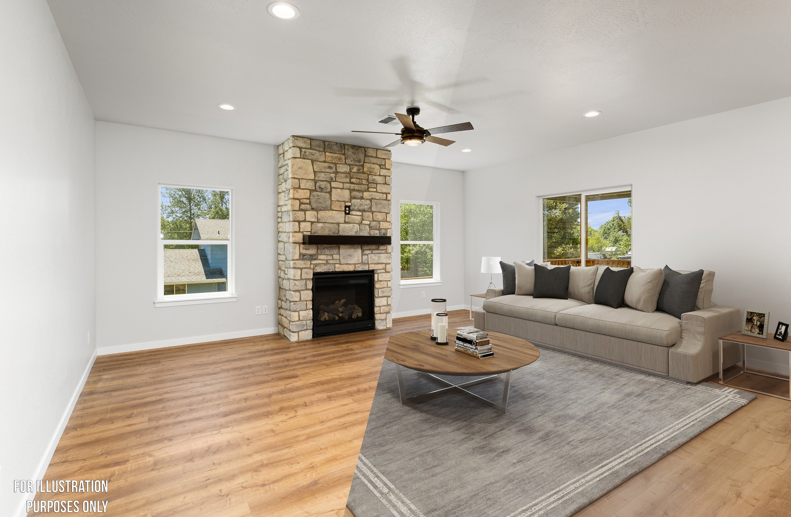 Virtual staging for an empty living room in Ashland, Oregon, showing high-end digital furniture.