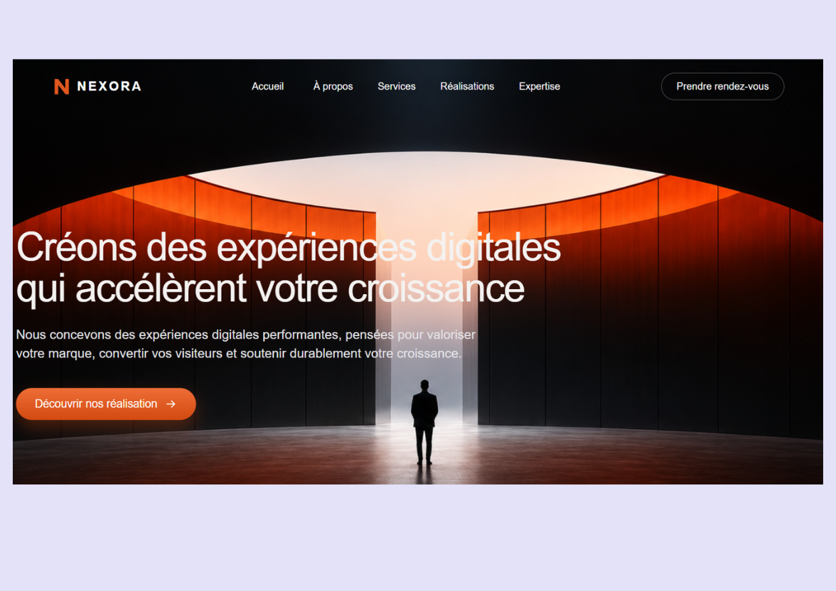 Aperçu de la hero section Nexora, agence digitale spécialisée dans les expériences web