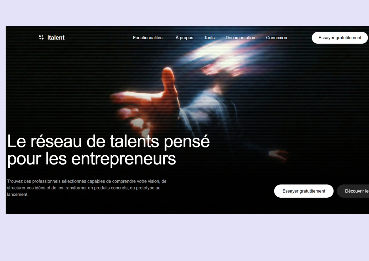 Aperçu de la hero section iTalent, plateforme de mise en relation entre entrepreneurs et talents