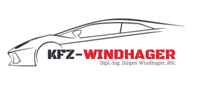 Logo with a sleek car outline and text 'KFZ - WINDHAGER Dipl.-Ing. Jürgen Windhager, MSc'.