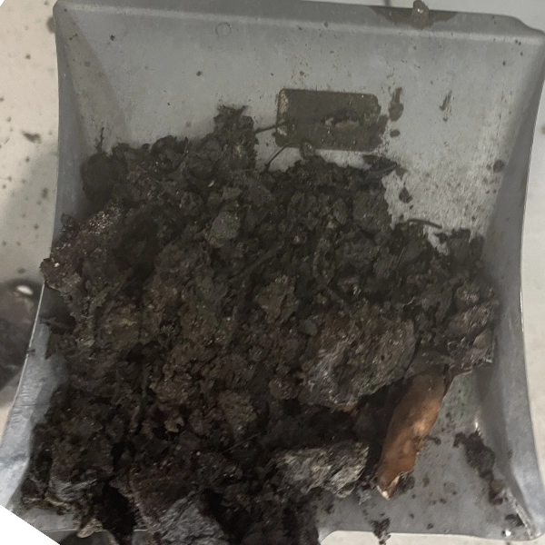 Metal dustpan filled with a large amount of dark, clumped dirt and debris.