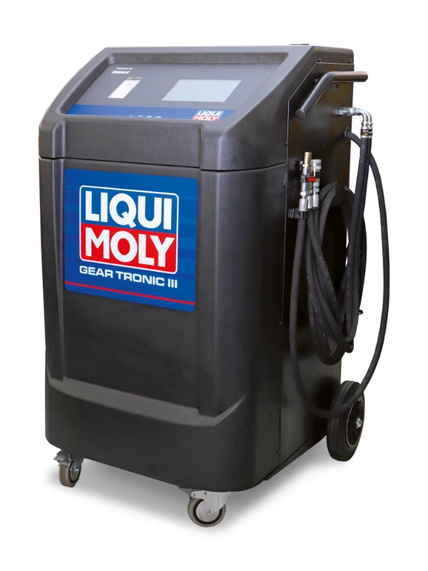Black Liqui Moly Gear Tronic III automatic transmission service machine with hoses and wheels.