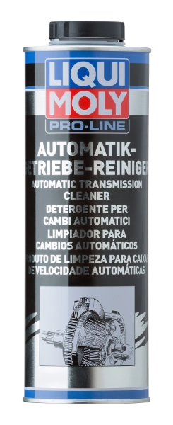 Can of Liqui Moly Pro-Line Automatic Transmission Cleaner with multilingual label and gear illustration.