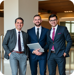 Three business professionals in suits smiling and standing in an office hallway, one holding a laptop.