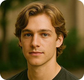 Young man with light brown hair and green eyes looking directly at the camera, with an outdoor blurred background.