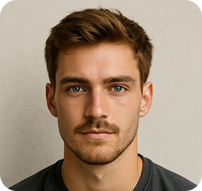 Portrait of a young man with short light brown hair, blue eyes, and slight facial hair against a neutral background.