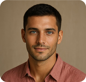 Portrait of a young man with short dark hair, blue eyes, and a trimmed beard wearing a reddish-brown shirt, against a plain beige background.