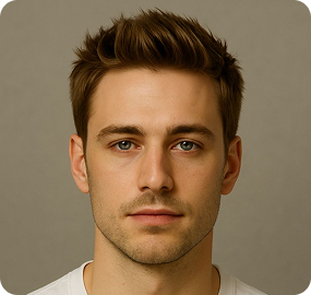 Portrait of a young man with light skin, short brown hair, green eyes, and a neutral expression, wearing a white shirt against a plain brown background.