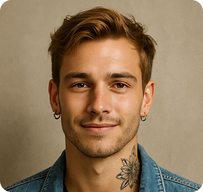 Young man with short light brown hair, wearing hoop earrings and a denim jacket, smiling slightly with a visible flower tattoo on his neck.