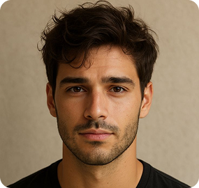 Portrait of a young man with dark hair and a short beard, looking directly at the camera against a beige background.
