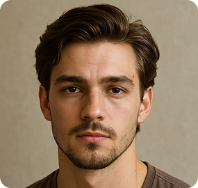 Young man with brown hair and beard, looking straight at the camera with a neutral expression against a beige background.