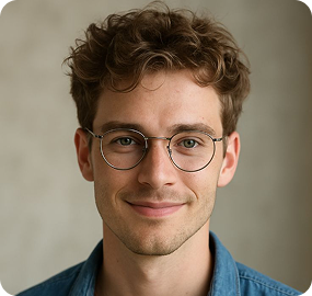 Young man with curly brown hair and round glasses smiling against a neutral background.