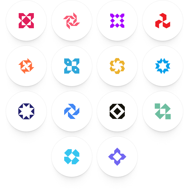 Grid of fourteen multicolored geometric logos, each inside a white circle with shadows, featuring various abstract shapes and patterns.