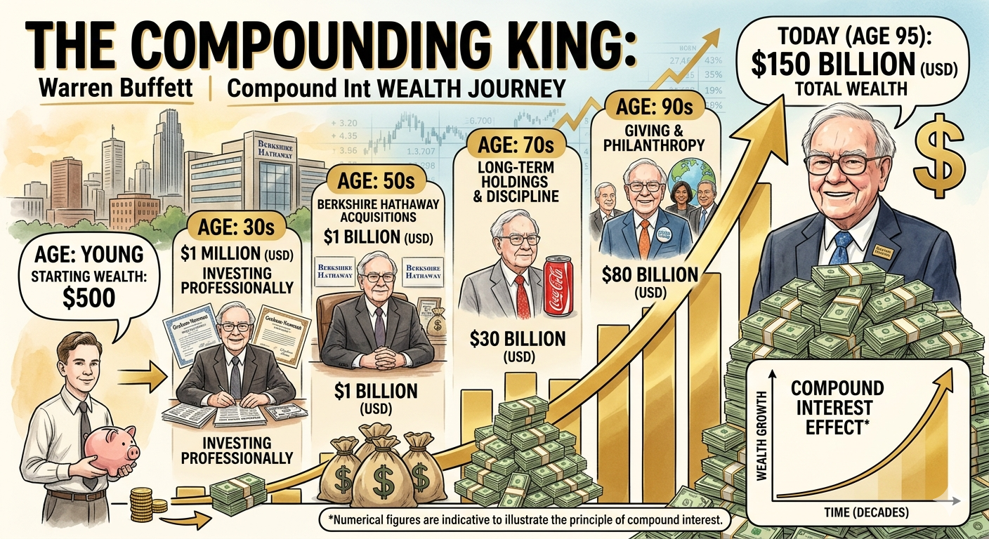 Illustration of Warren Buffett's wealth growth through compound interest from $500 as a young investor to $150 billion at age 95, showing key stages: investing professionally in his 30s, Berkshire Hathaway acquisitions in his 50s, long-term holdings and discipline in his 70s, and philanthropy in his 90s.