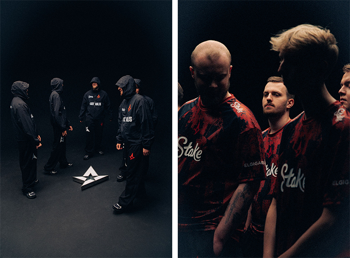 Two-panel campaign image showing Astralis players in black hooded outfits around a star emblem and in red-and-black Simon Wick jerseys.