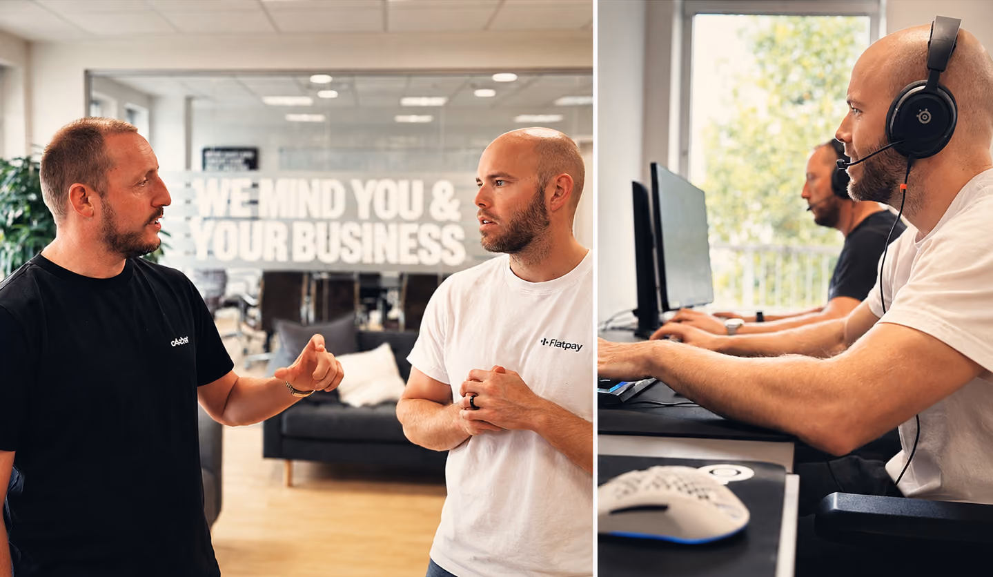 Two-panel collage showing two men talking in a Flatpay office on the left and wearing headsets at desktop computers on the right.