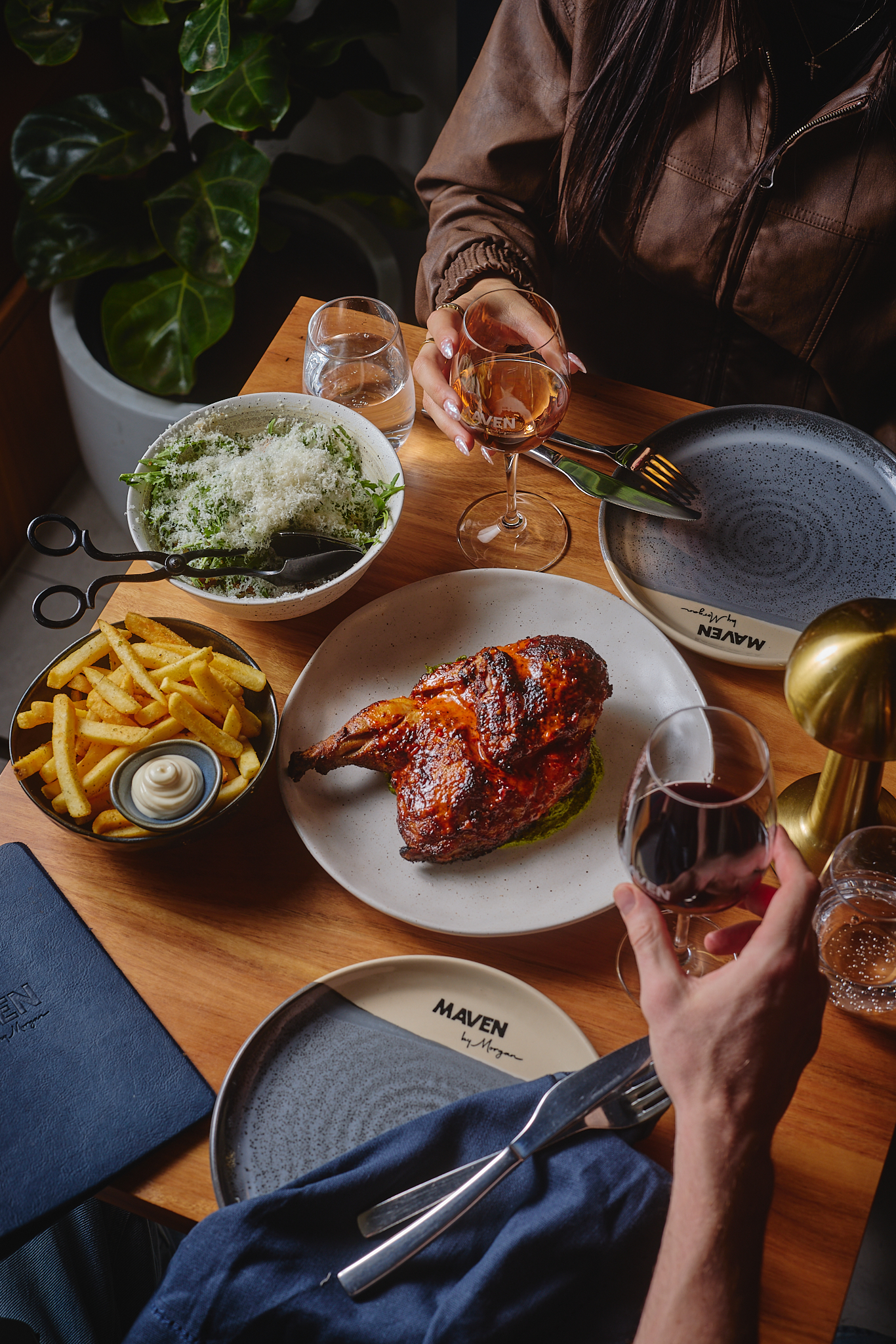 The Maven Date Night spread with peri-peri chicken, fries and wine