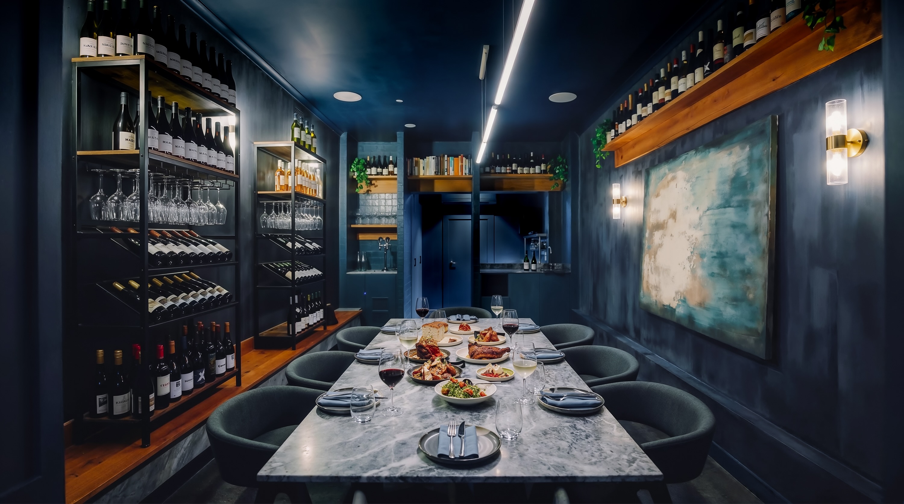 The Maven private dining room set for a long shared dinner