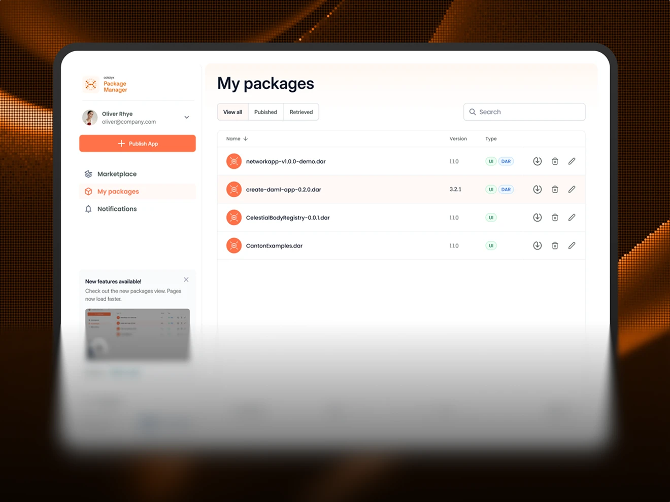 Software interface showing 'My packages' with a list of four package files, including their names, versions, types, and action icons in a package manager application.
