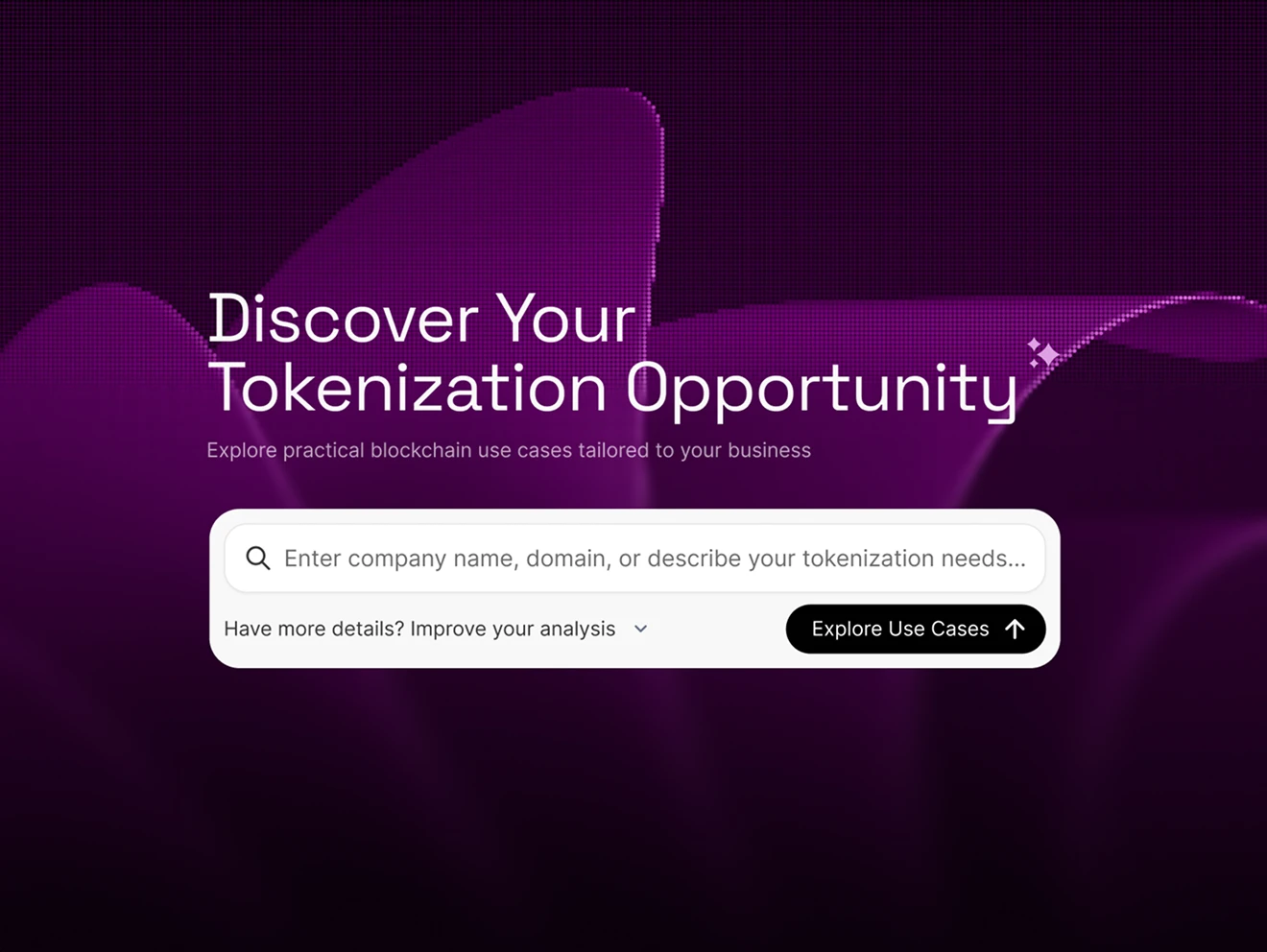 Search interface with prompt to discover tokenization opportunities for businesses, featuring a dark purple abstract background.