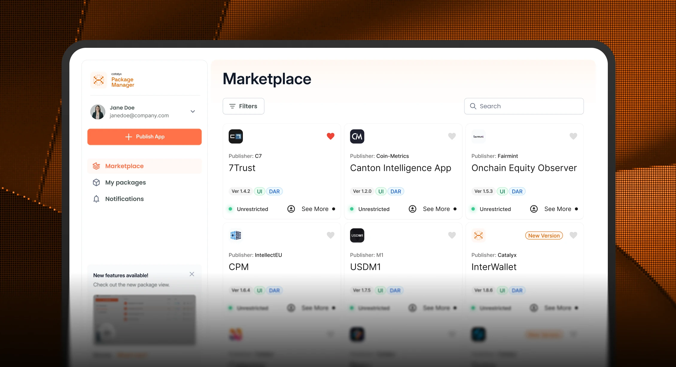 User interface showing a marketplace dashboard with app listings including 7Trust, Canton Intelligence App, Onchain Equity Observer, CPM, USDM1, and InterWallet, with options to filter, search, and publish an app.