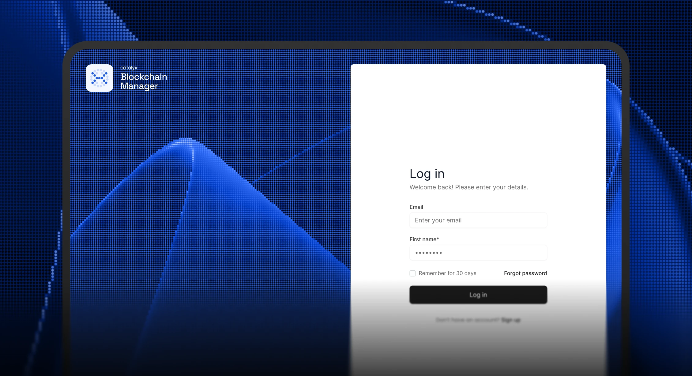 Login screen for CatalystX Blockchain Manager with email and password fields, and options to remember login or reset password.