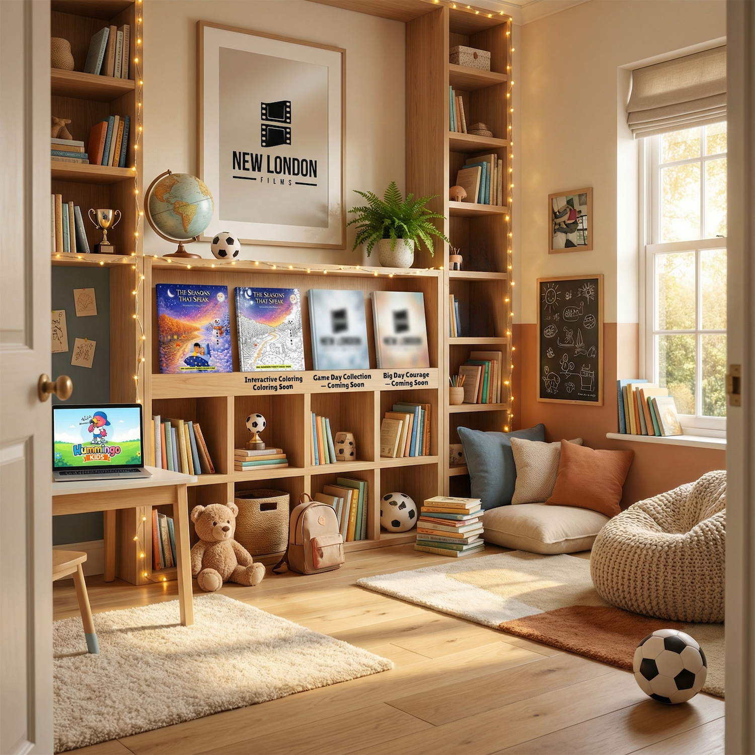 Warm-toned child's room with wooden shelving, books, film poster, cozy seating, and soccer decor