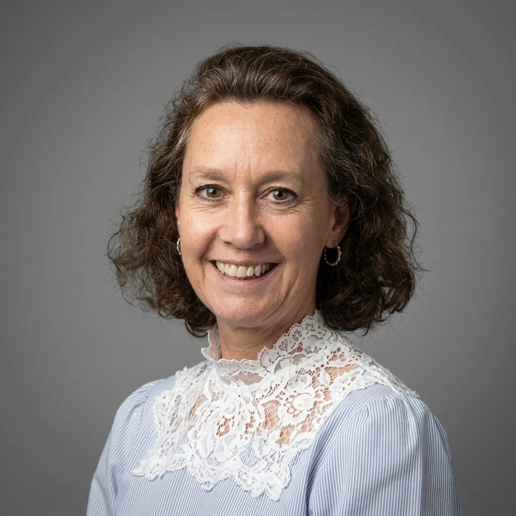 Smiling middle-aged woman with curly brown hair wearing a blue striped blouse with a white lace collar against a gray background.