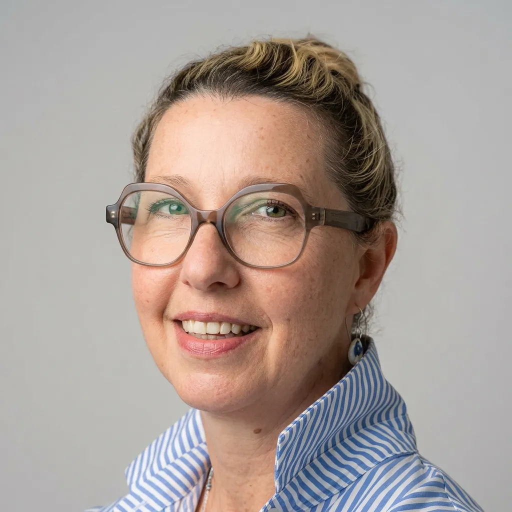 Smiling woman with glasses and light curly hair wearing a blue and white striped shirt.