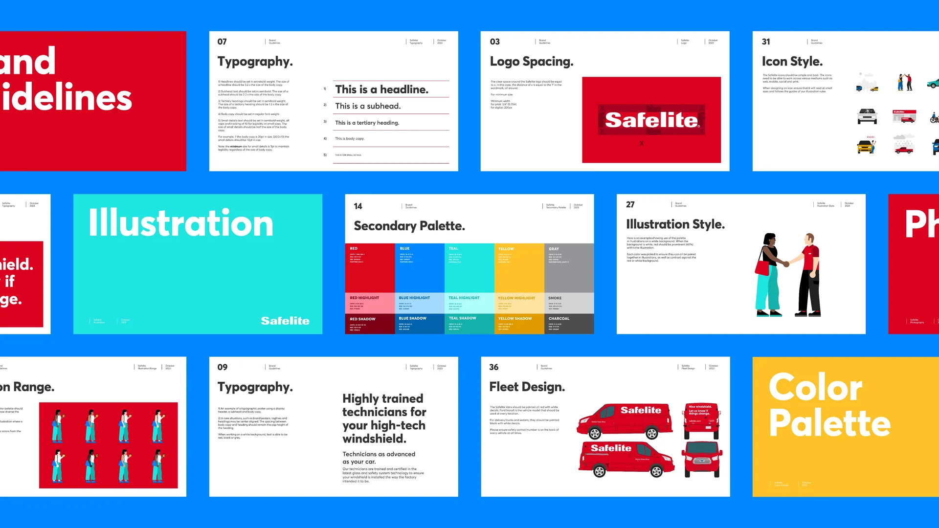 Collage of Safelite brand guidelines pages showing typography, logo spacing, icon style, secondary color palette, illustration style, and fleet design with red vans.