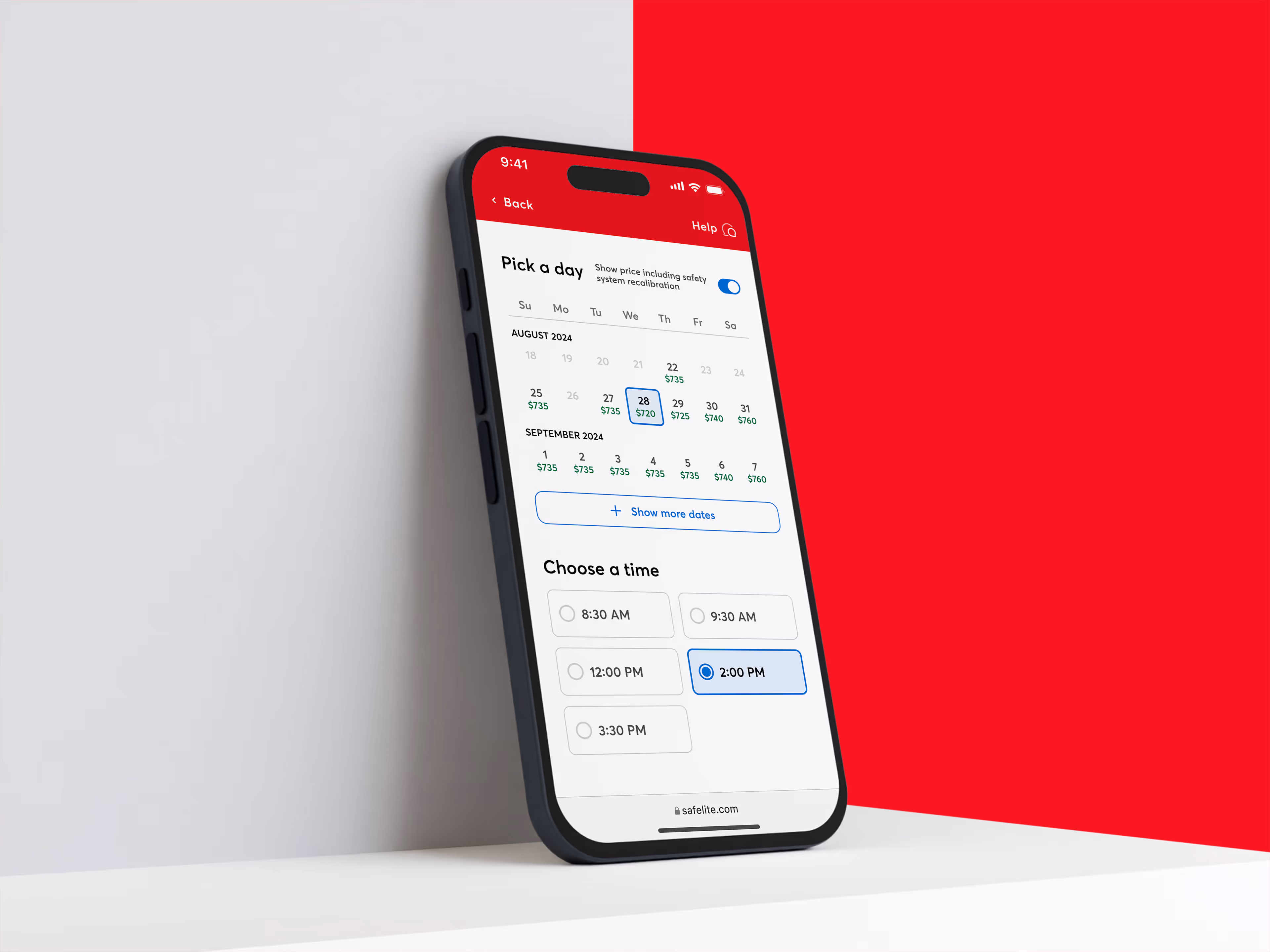 Smartphone displaying a booking app screen to pick a day and choose a time with August and September 2024 dates and time slots from 8:30 AM to 3:30 PM.