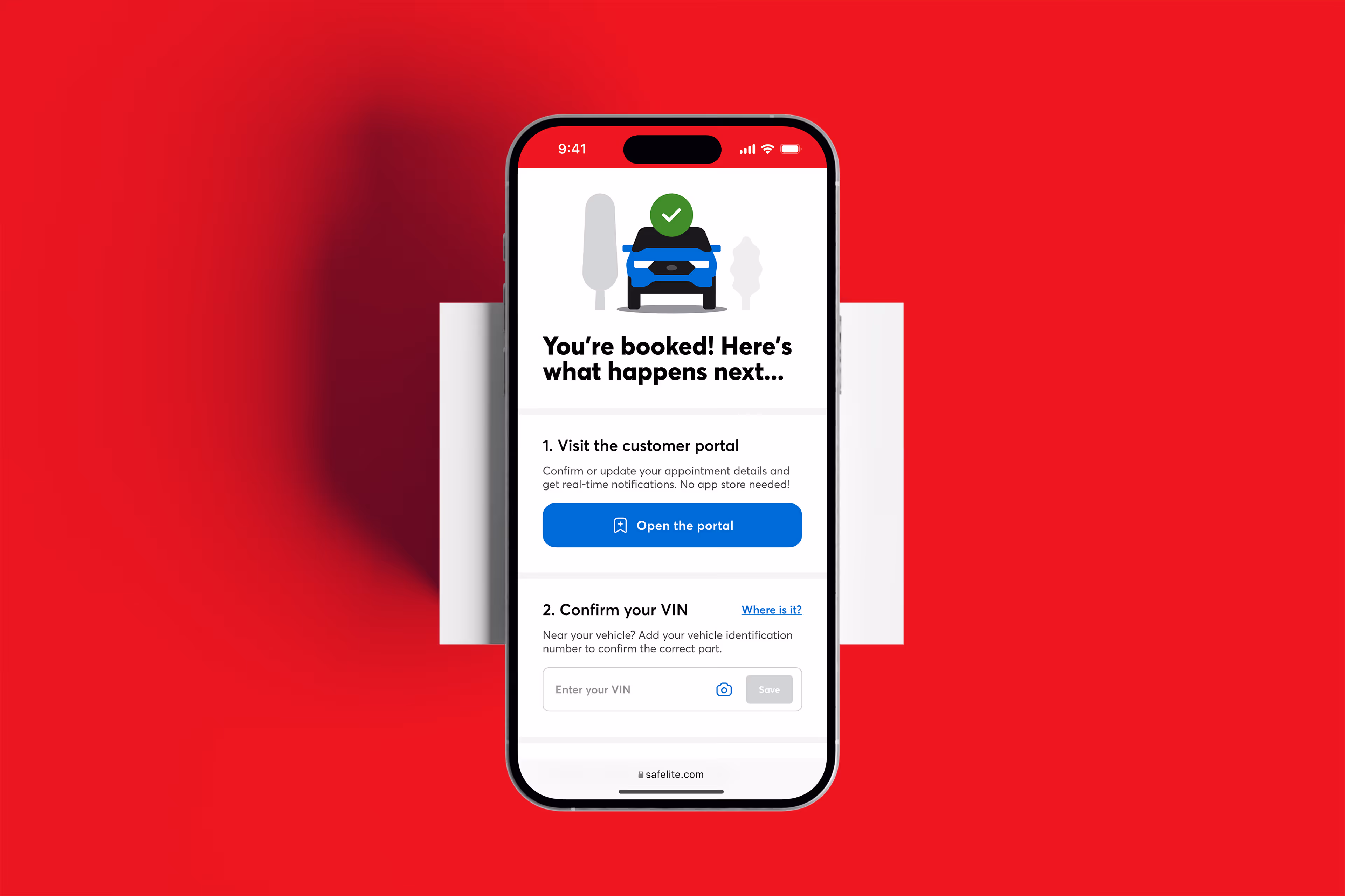Smartphone screen showing booking confirmation with steps to visit customer portal and confirm vehicle VIN on a red background.