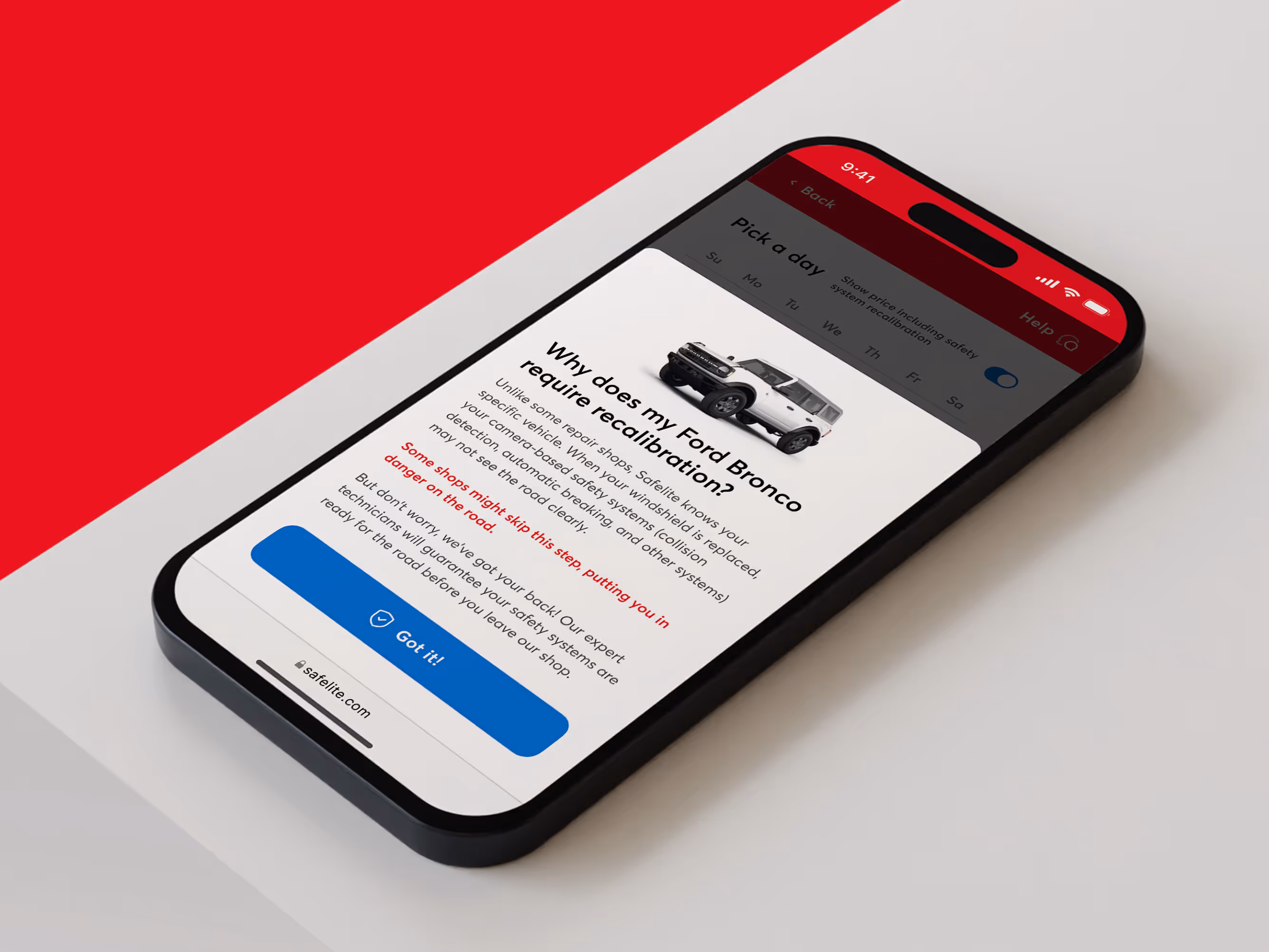 Smartphone screen showing Safelite app explaining why a Ford Bronco requires recalibration after repairs.