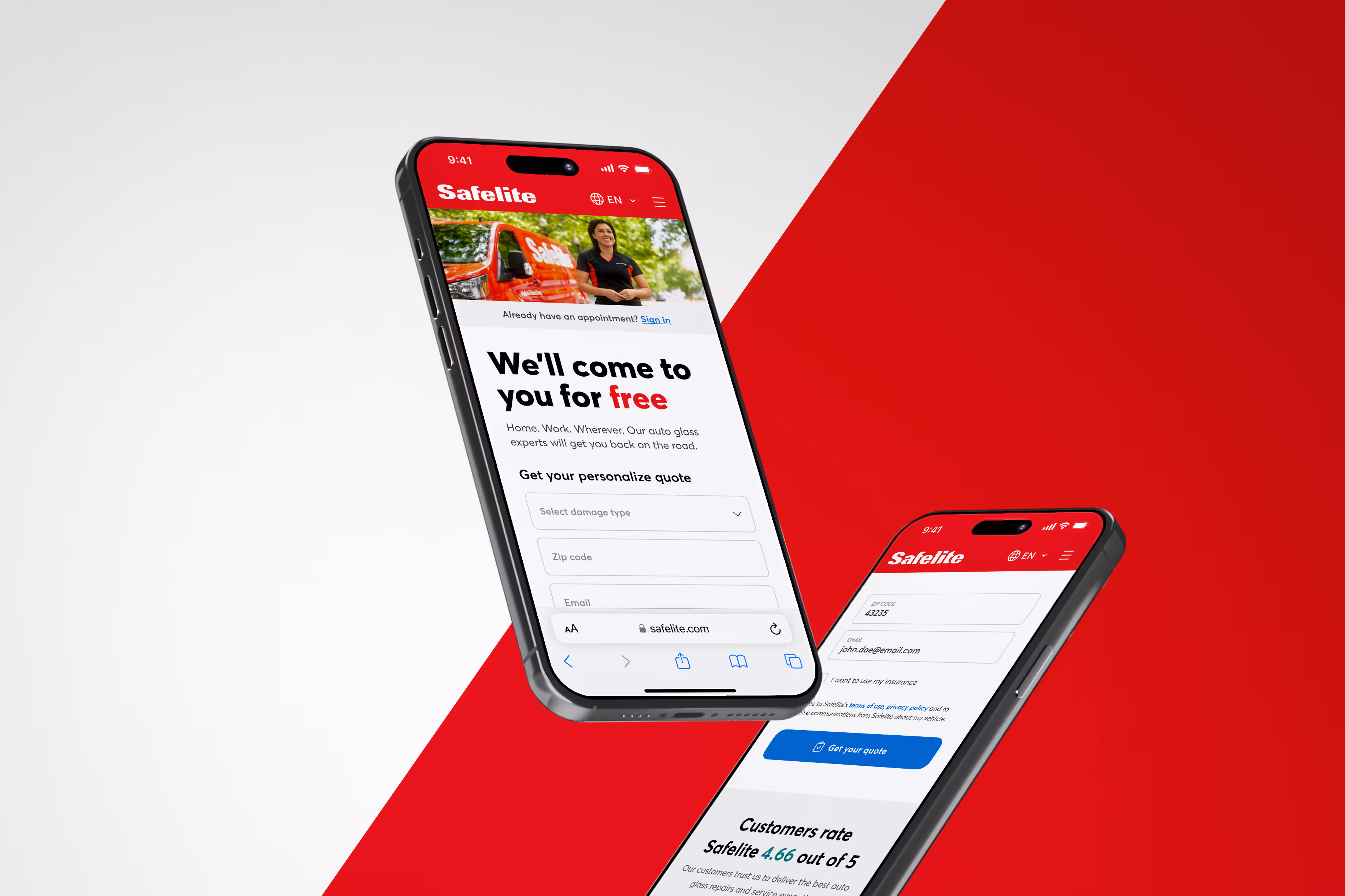 Two smartphones displaying the Safelite website with a free auto glass service quote form on red and white background.