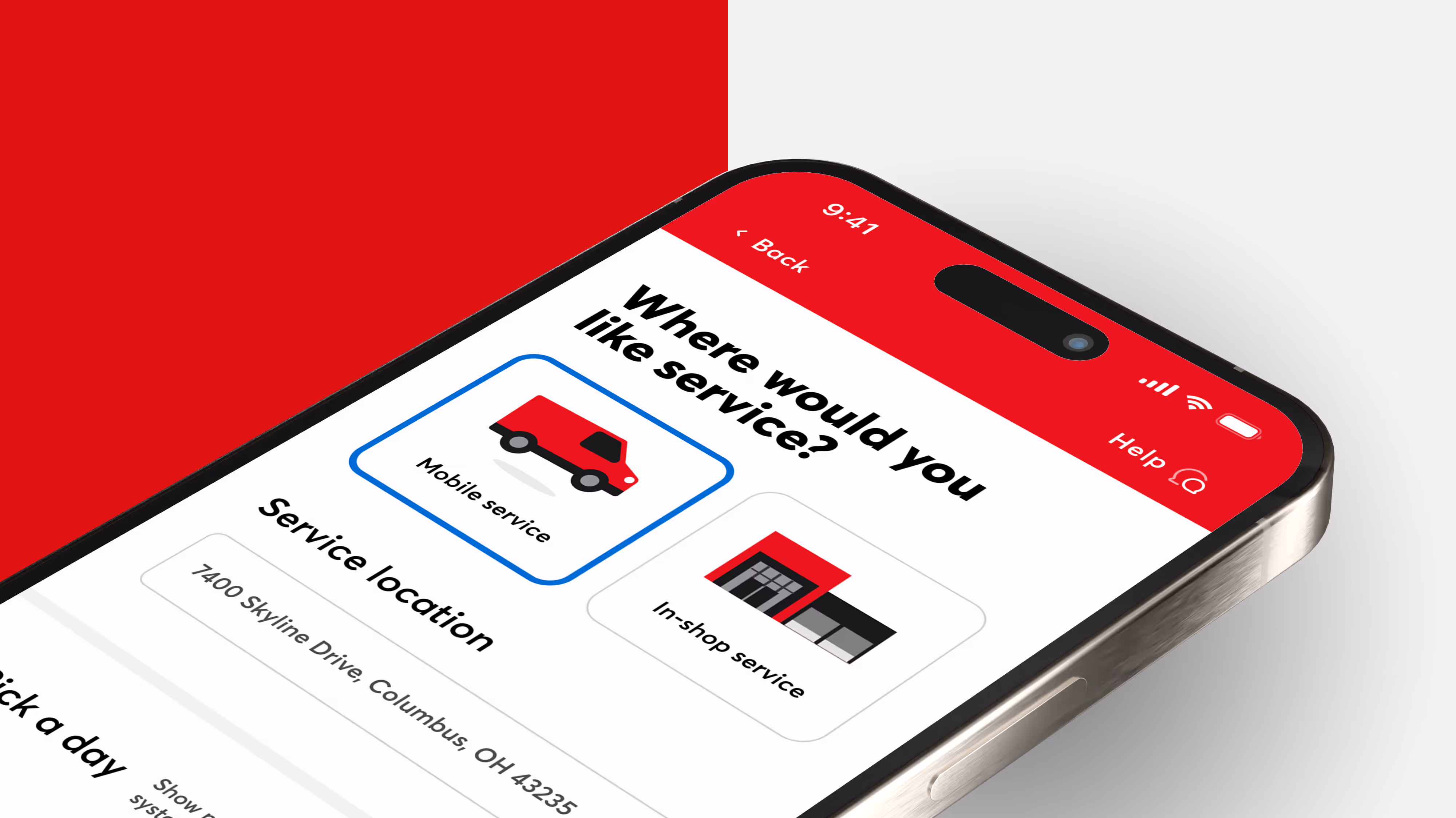 Smartphone screen showing a service selection interface with options for mobile service and in-shop service, highlighting mobile service.