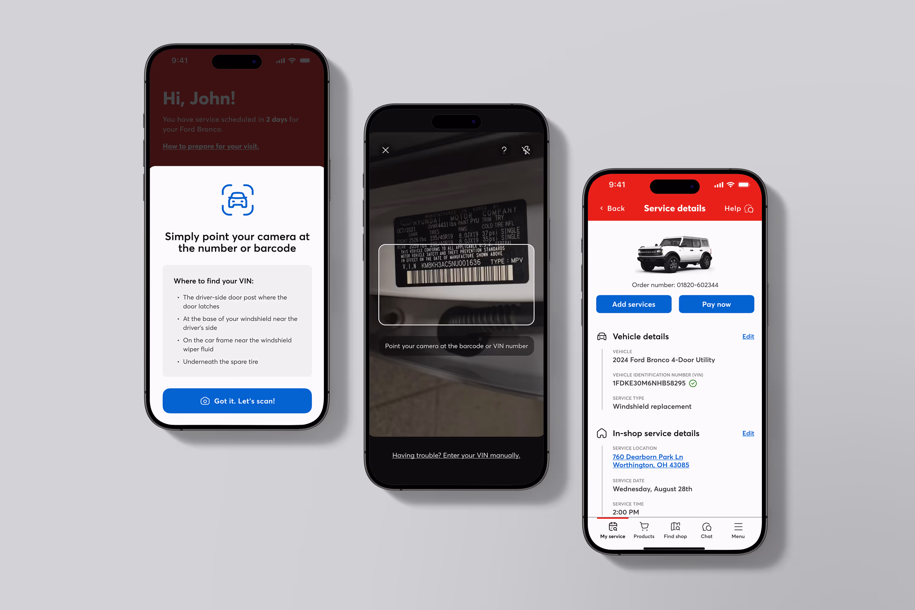 Three smartphones showing a vehicle service app: instructions to scan a VIN barcode, camera scanning a VIN barcode, and service details for a 2024 Ford Bronco with order options.