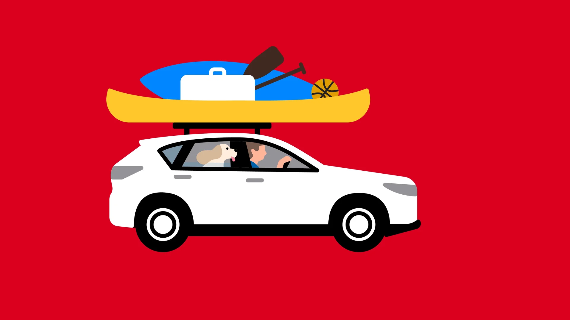 White SUV with a man driving and a dog in the backseat, carrying a yellow kayak, blue paddleboard, white cooler, paddle, and basketball on the roof, on red background.