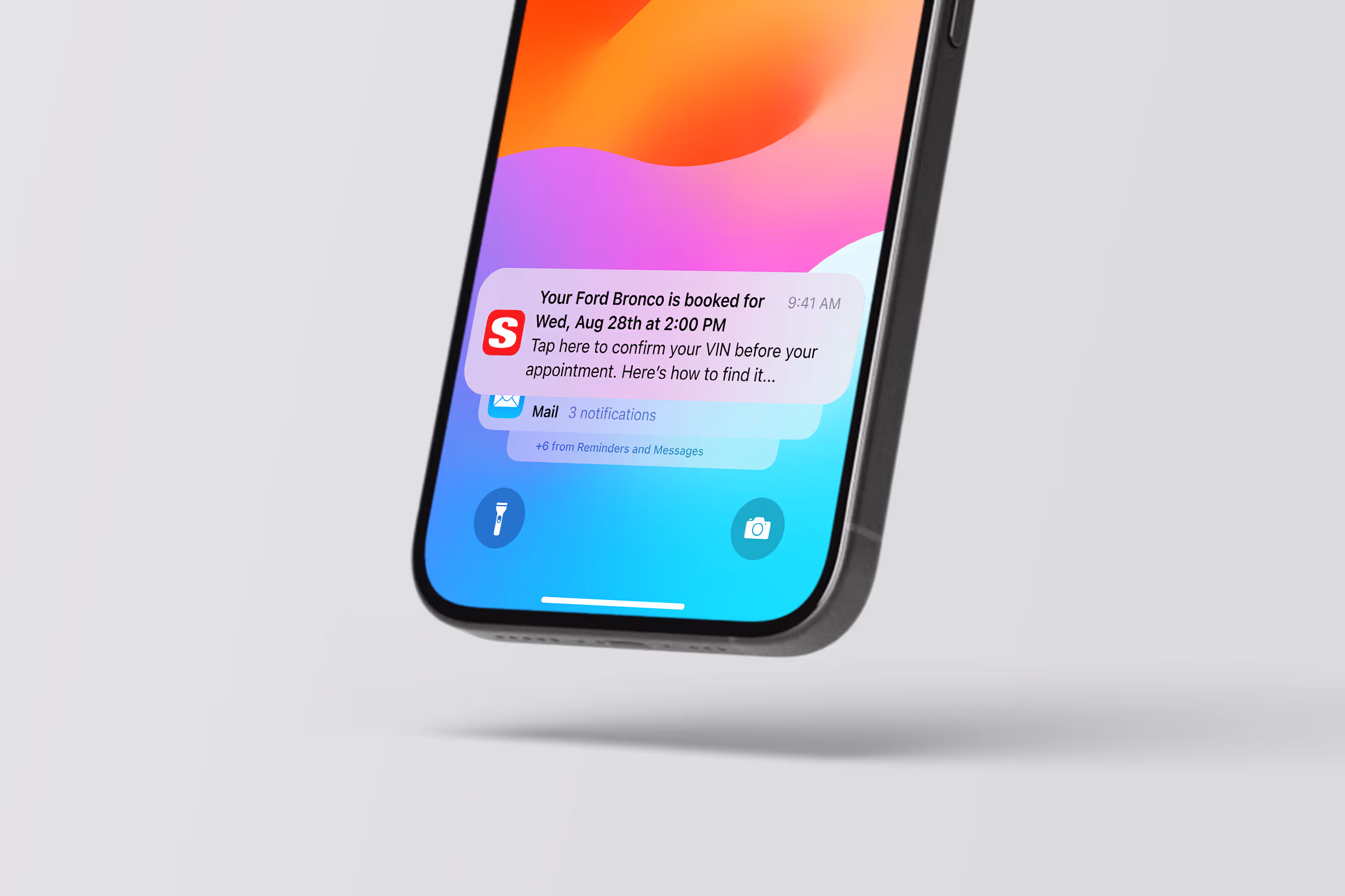 Smartphone screen shows a notification about a Ford Bronco appointment on Wed, Aug 28th at 2:00 PM with an option to confirm VIN, along with mail notifications below.