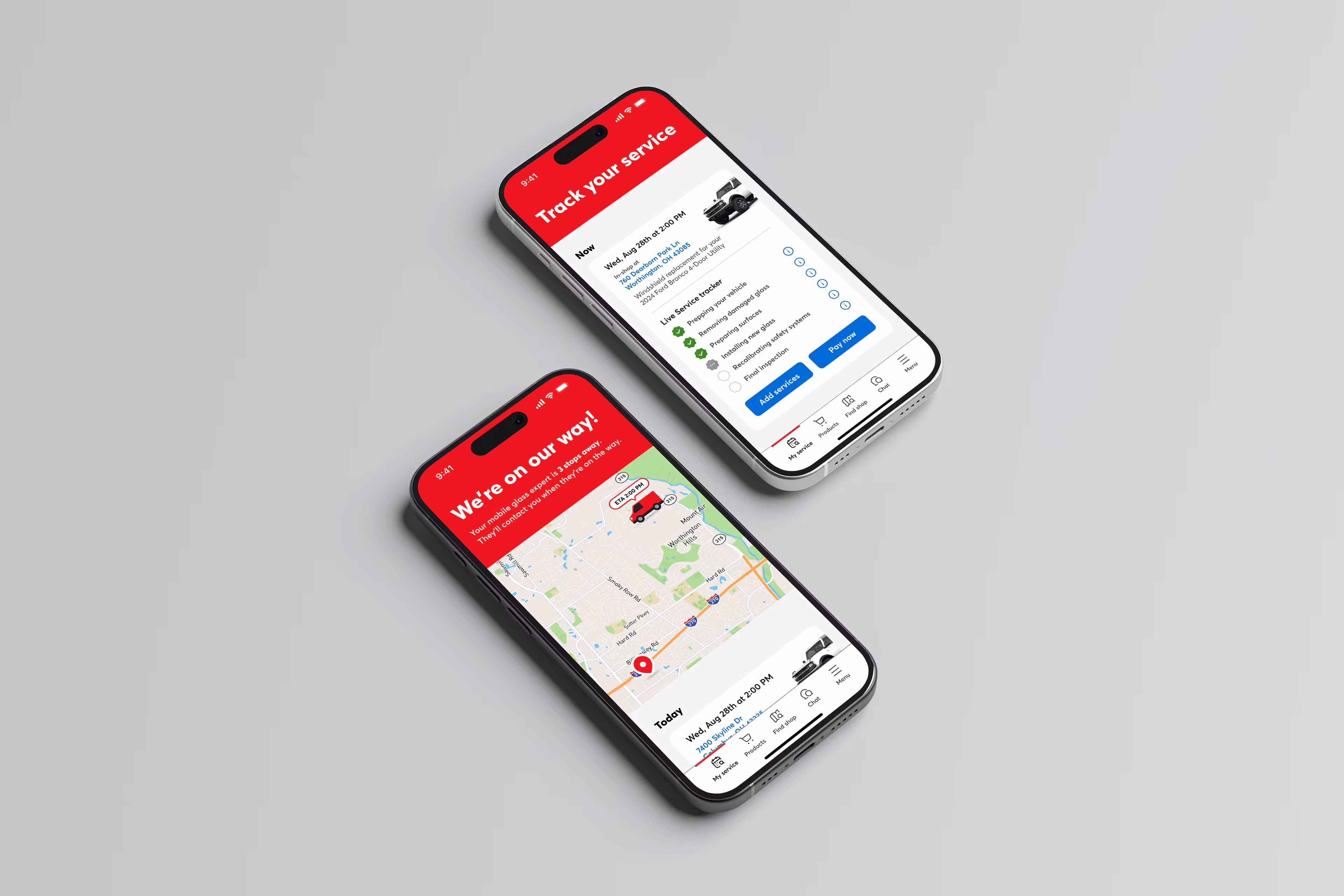 Two phones displaying a vehicle service tracking app with live status and location map.