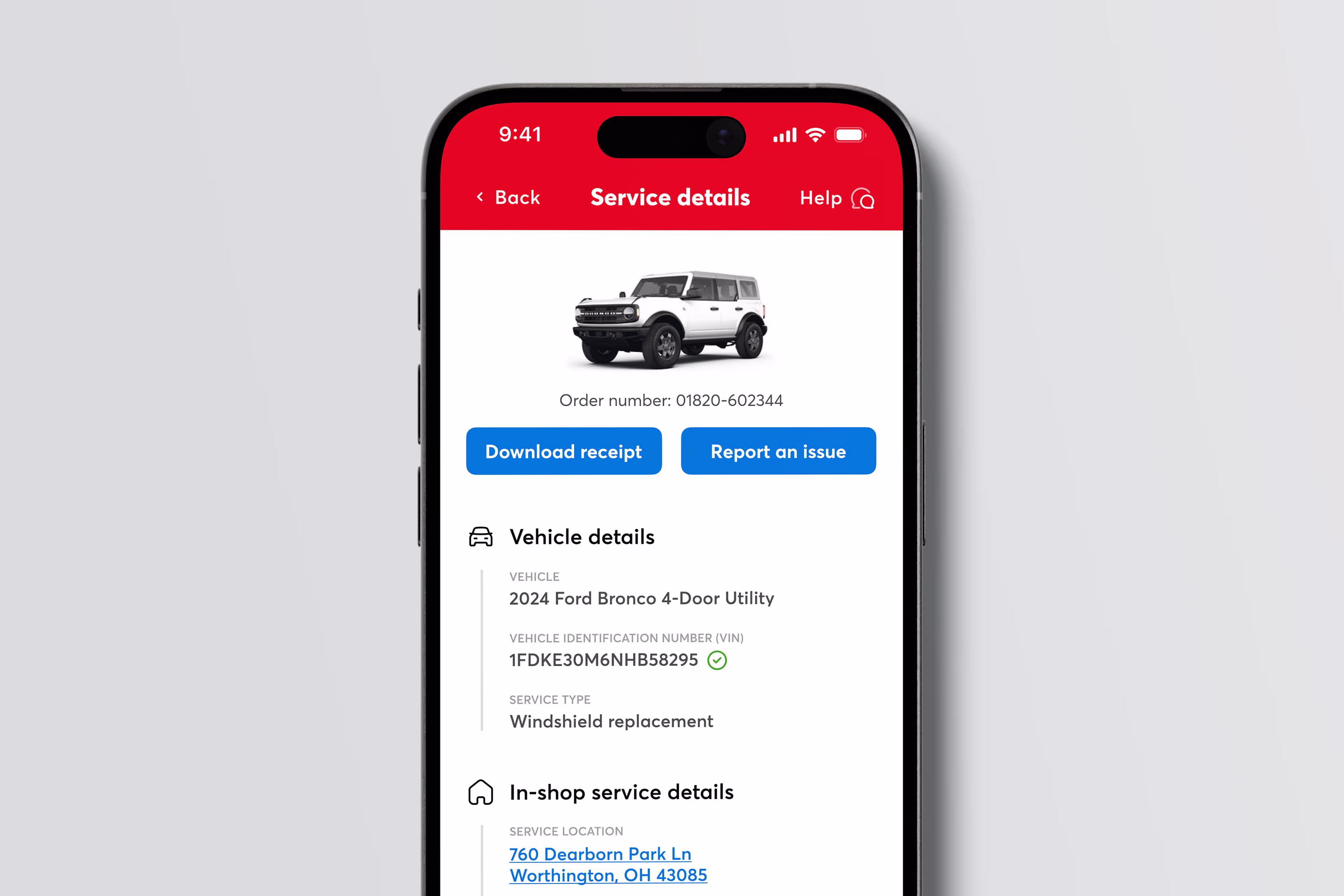 Smartphone screen showing service details for a 2024 Ford Bronco 4-Door Utility with order number and options to download receipt or report an issue.