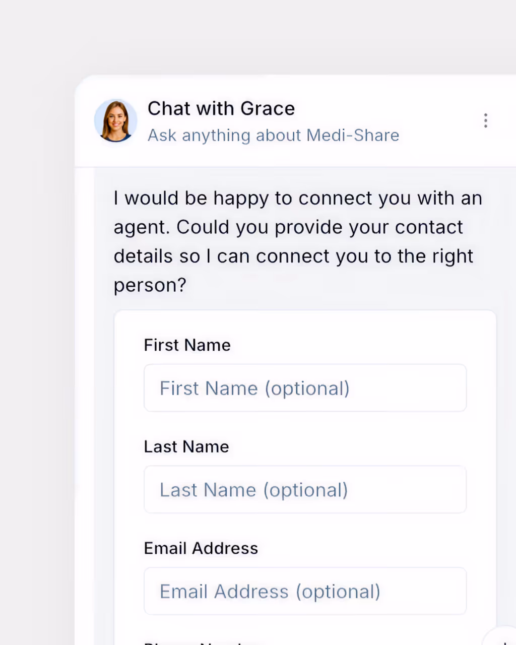 Chat interface with Grace asking to provide optional first name, last name, and email address to connect with an agent.
