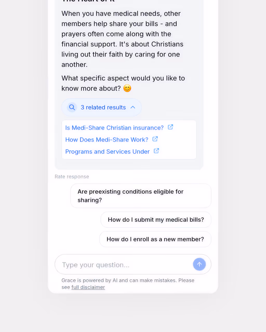 Text explaining Medi-Share's Christian faith-based medical bill sharing, with related links and questions about sharing preexisting conditions, submitting medical bills, and enrolling as a member.