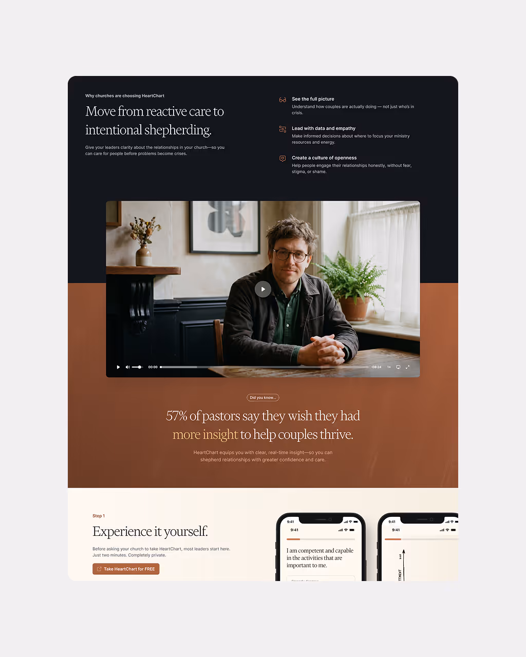 Webpage promoting HeartChart for churches with a video of a man sitting at a table and text highlighting pastor survey and call to try HeartChart for free.