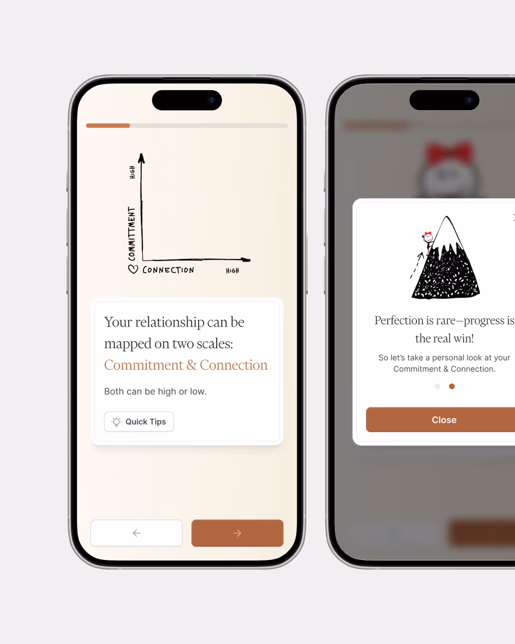 Two smartphone screens showing a relationship app with a commitment and connection graph and messages about progress and tips.