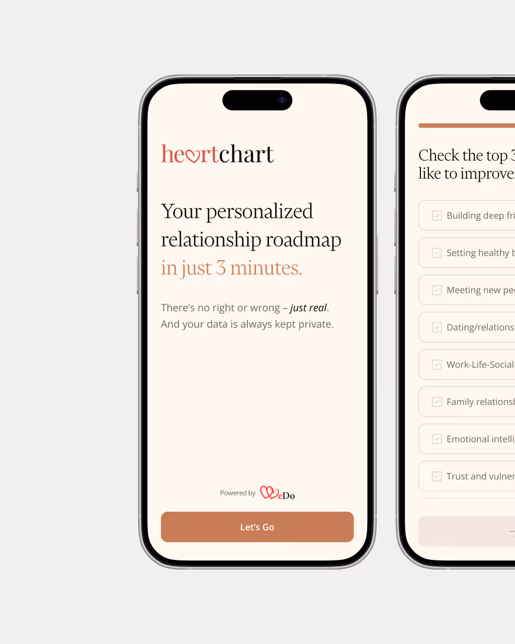 Mobile screen showing HeartChart app offering a personalized relationship roadmap in 3 minutes with a Let’s Go button.