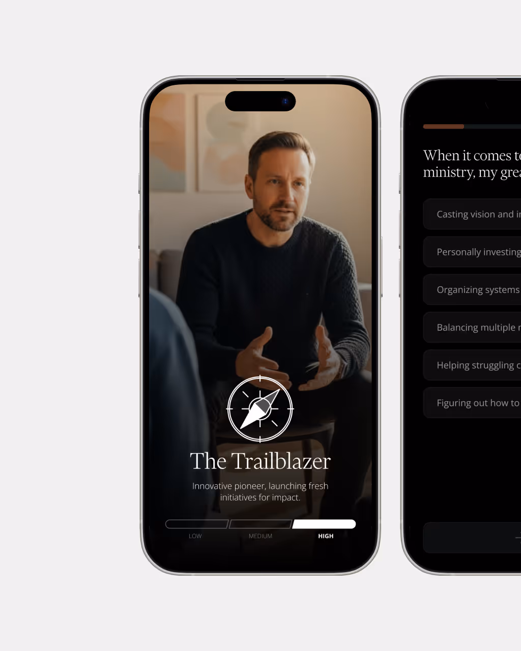 Smartphone screen showing a man speaking with text overlay 'The Trailblazer: Innovative pioneer, launching fresh initiatives for impact' and a progress bar set to high.