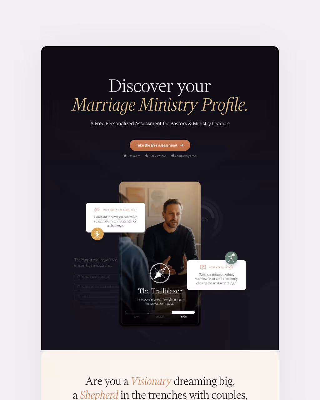 Online assessment page titled 'Discover your Marriage Ministry Profile' with a call-to-action button and a profile example called 'The Trailblazer' featuring a man in discussion.