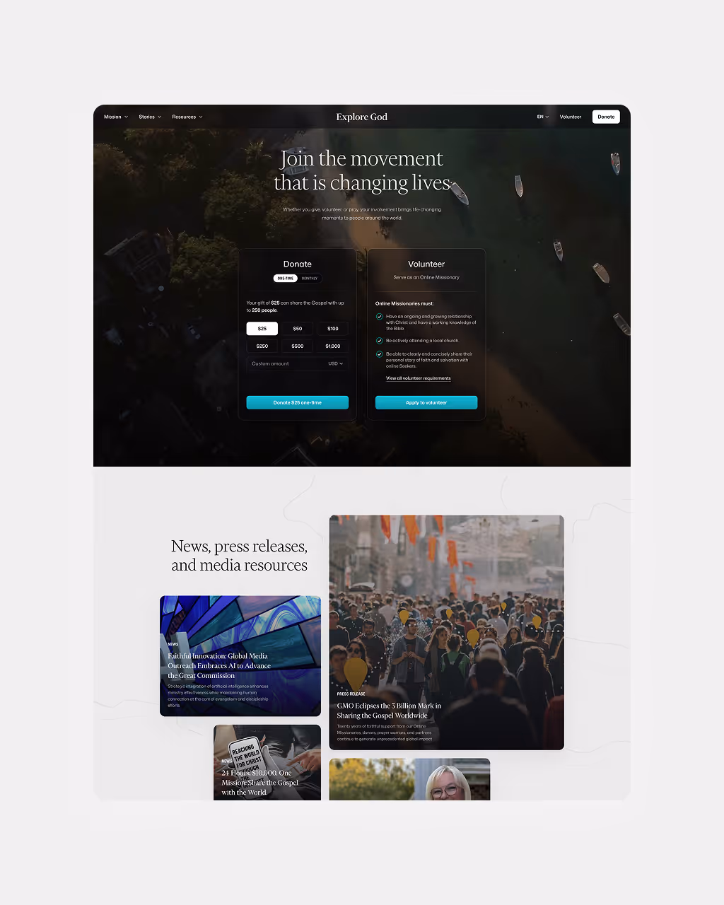 Explore God website homepage featuring options to donate or volunteer, with an aerial beach background and news articles below.