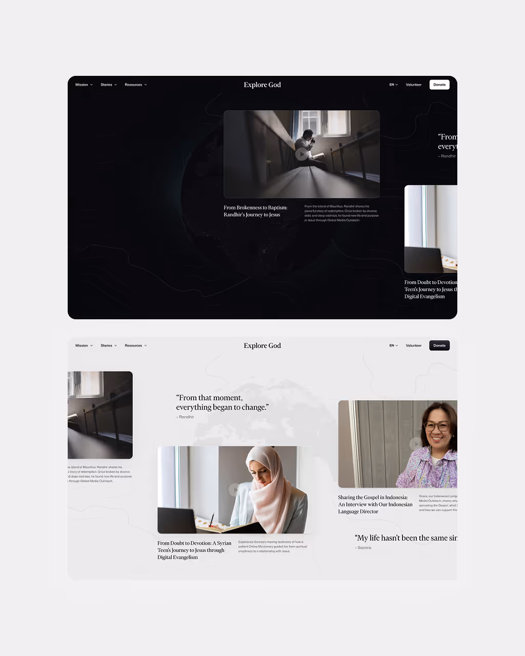 Two screenshots of the Explore God website showcasing stories of faith journeys with video thumbnails and quotes.
